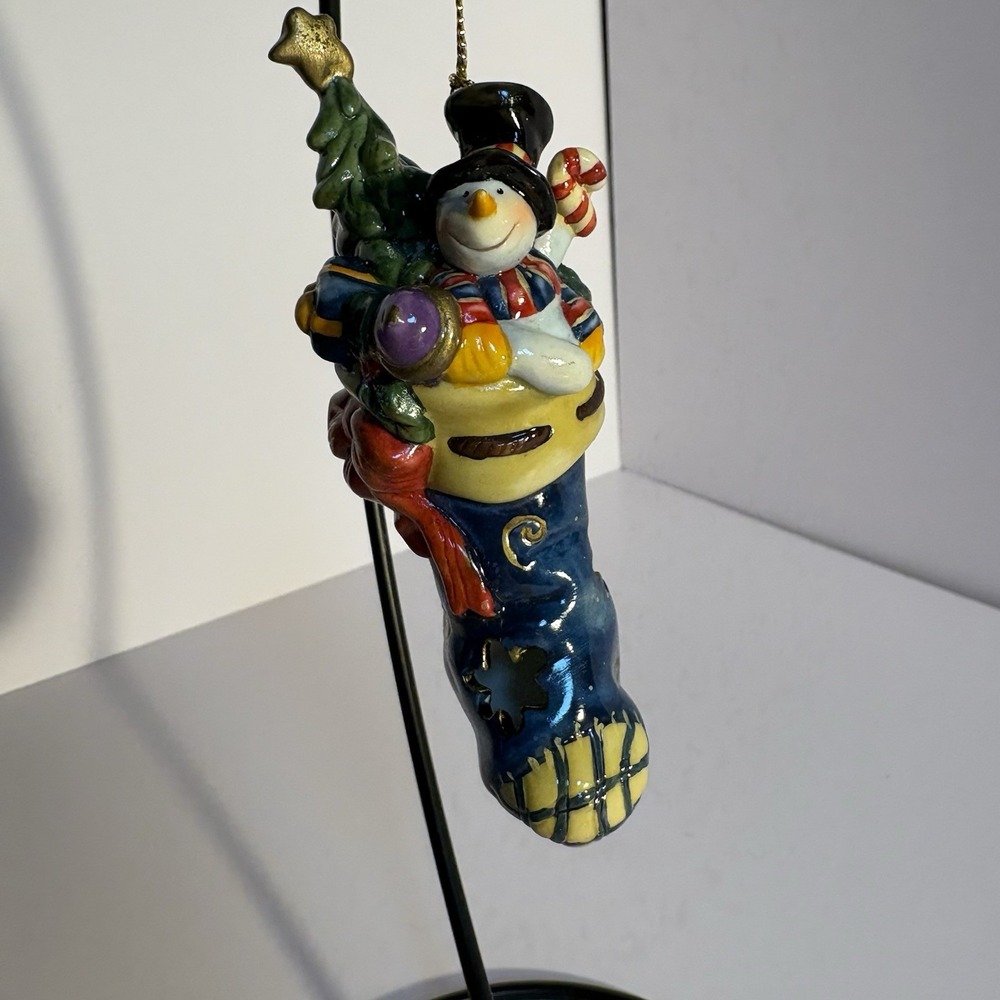 Ceramic Snowman In Stocking With Tree And Presents Ornament